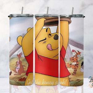 ¡Consigue los diseños de sublimación de vasos delgados y cónicos de 20 oz de Honey Pooh! Vaso de dibujos animados de Pooh en formato PNG, envoltura de Winnie The Pooh, descarga instantánea #STD