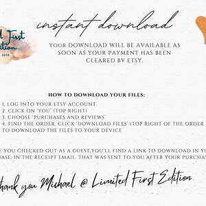 K&ouml;nnte beinhalten: Eine digitale Download-Anleitungskarte mit einem Aquarellhintergrund und einer Herzgrafik. Der Text lautet "Sofort-Download" und enth&auml;lt Anweisungen zum Herunterladen digitaler Dateien von Etsy.