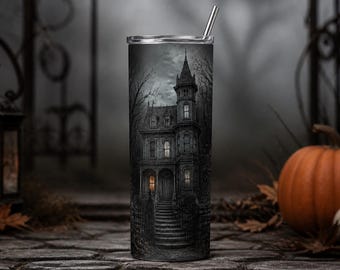 Haunted House Tumbler Wrap PNG, 20oz Halloween Sublimation, Spooky Instant Download