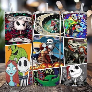 K&ouml;nnte beinhalten: Drei Edelstahlbecher mit verschiedenen Designs, die Figuren aus dem Film "Nightmare Before Christmas" zeigen. Die Designs beinhalten Jack Skellington, Sally und Oogie Boogie.