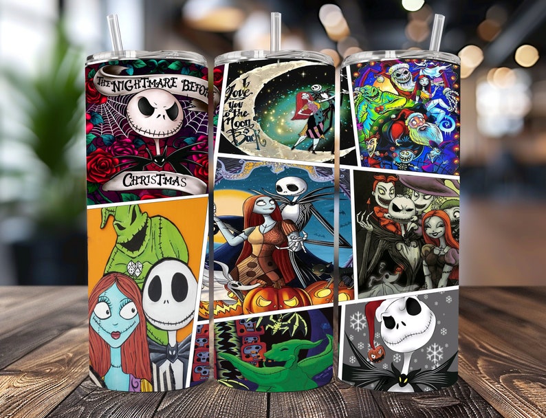 K&ouml;nnte beinhalten: Drei Edelstahlbecher mit verschiedenen Designs, die Figuren aus dem Film "Nightmare Before Christmas" zeigen. Die Designs beinhalten Jack Skellington, Sally und Oogie Boogie.