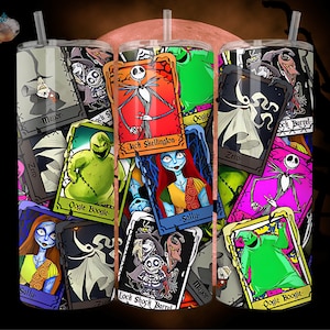 May include: A stainless steel tumbler with a colourful design featuring characters from The Nightmare Before Christmas. The design includes Jack Skellington, Sally, Oogie Boogie, Zero, and Mayor. The tumbler has a straw and is perfect for enjoying your favourite beverage.