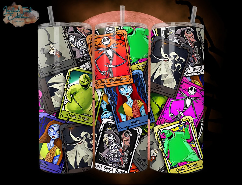May include: A stainless steel tumbler with a colourful design featuring characters from The Nightmare Before Christmas. The design includes Jack Skellington, Sally, Oogie Boogie, Zero, and Mayor. The tumbler has a straw and is perfect for enjoying your favourite beverage.