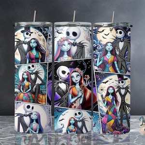 K&ouml;nnte beinhalten: Drei Edelstahlbecher mit einem Comic-Design, das Jack Skellington und Sally aus Nightmare Before Christmas zeigt. Die Becher sind mit verschiedenen Szenen aus dem Film verziert, darunter Jack und Sally beim Tanzen, Jack und Sally auf einem Friedhof und Jack und Sally in einem Schneesturm. Die Becher sind alle in einer limitierten Erstauflage.