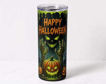 Halloween Tumbler Wrap PNG Set of 2 Designs, Corpse Hands Pumpkin Monster 20oz Skinny Sublimation Instant Download