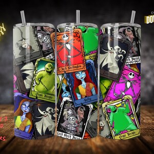 May include: Three 20oz stainless steel tumblers with a seamless wrap design featuring characters from The Nightmare Before Christmas. The tumblers are decorated with colourful cards featuring characters like Jack Skellington, Sally, Oogie Boogie, and Zero.