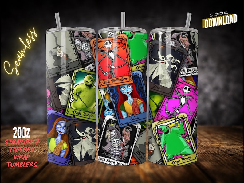 May include: Three 20oz stainless steel tumblers with a seamless wrap design featuring characters from The Nightmare Before Christmas. The tumblers are decorated with colourful cards featuring characters like Jack Skellington, Sally, Oogie Boogie, and Zero.