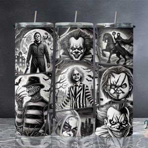 May include: Black and white graphic design of horror movie characters on a set of three stainless steel tumblers. The characters include Freddy Krueger, Jason Voorhees, Pennywise, Chucky, and Michael Myers.