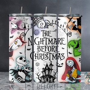 May include: Three white tumblers with different designs from the movie "The Nightmare Before Christmas". The designs feature Jack Skellington, Sally, Oogie Boogie, and other characters from the film. The tumblers are all 20 ounces and are made of stainless steel.