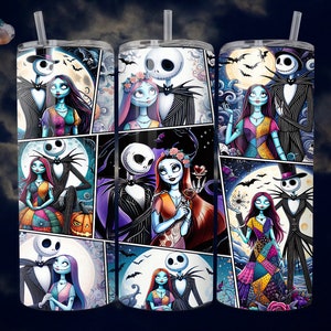 K&ouml;nnte beinhalten: Ein Edelstahlbecher mit einem farbenfrohen Design, das Jack Skellington und Sally aus Nightmare Before Christmas zeigt. Das Design ist im Comic-Stil mit mehreren Panels, die das Paar in verschiedenen Posen zeigen.