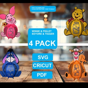 Paket 4 Nasse-lykta, Tigerlykta, Iorlykta, Puh-lykta SVG, Studiomallar för DIY-lykta för barnrumsinredning