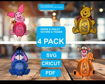 Pack 4 Piglet Lantern, Tigger Lantern, Eeyore Lantern, Pooh Bear Lantern SVG, Studio Templates for DIY Lantern For Children's Room Decor