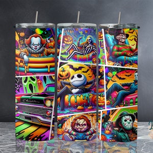 May include: Three stainless steel tumblers with colourful Halloween-themed designs. The designs feature characters like Pennywise, Freddy Krueger, and Jack Skellington. The tumblers are perfect for holding hot or cold beverages.