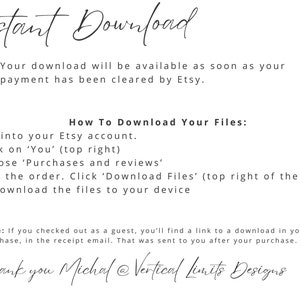 May include: White digital download instructions with black text. The text includes instructions on how to download files from Etsy, with the words "Instant Download" at the top. The text also includes a thank you message.