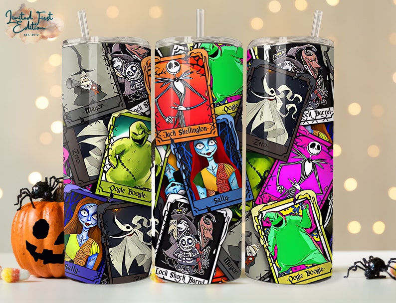 May include: A stainless steel tumbler with a colourful design featuring characters from the movie The Nightmare Before Christmas. The design includes Jack Skellington, Sally, Oogie Boogie, and Zero. The tumbler is surrounded by a black background with a white border.