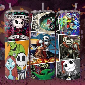 K&ouml;nnte beinhalten: Drei Edelstahlbecher mit verschiedenen Designs, die Figuren aus dem Film Nightmare Before Christmas zeigen. Die Designs beinhalten Jack Skellington, Sally und Oogie Boogie. Die Becher sind alle wei&szlig; mit einem schwarzen Deckel und einem Strohhalm.
