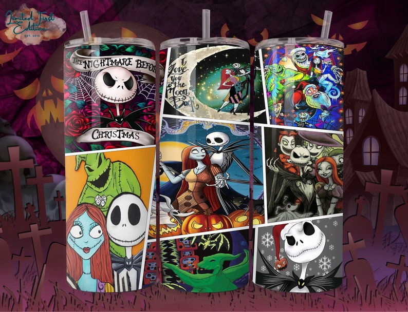 K&ouml;nnte beinhalten: Drei Edelstahlbecher mit verschiedenen Designs, die Figuren aus dem Film Nightmare Before Christmas zeigen. Die Designs beinhalten Jack Skellington, Sally und Oogie Boogie. Die Becher sind alle wei&szlig; mit einem schwarzen Deckel und einem Strohhalm.
