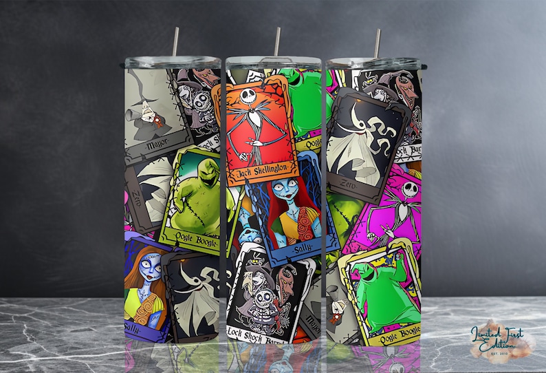 May include: A colourful tumbler featuring a collage of characters from The Nightmare Before Christmas. The characters are arranged in a card-like format with their names printed below each image. The characters include Jack Skellington, Sally, Oogie Boogie, Zero, and the Mayor.
