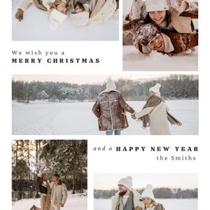 Minimalistische Foto-Collage Weihnachtsfeiertags-Postkarten-Schablone, kundenspezifische Foto-Weihnachtspostkarte, Weihnachtskarte für Familie u
