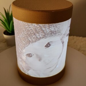 Könnte beinhalten: Eine zylindrische Lampe mit braunem Sockel und einem weißen, durchsichtigen Zylinder. Der Zylinder hat ein 3D-Bild eines menschlichen Gesichts darauf gedruckt.