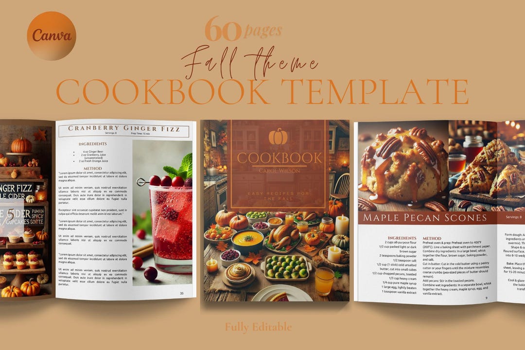 60 Pages Cookbook Template | Fall Theme | Thanksgiving Theme| Printable ...
