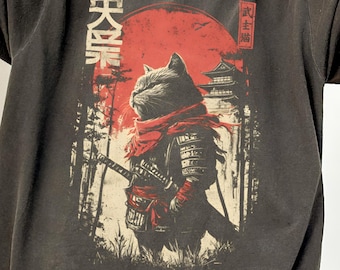 Samurai Cat Comfort Colors Shirt, Vintage Japanese Warrior Neko Ukiyo-e Graphic Tee