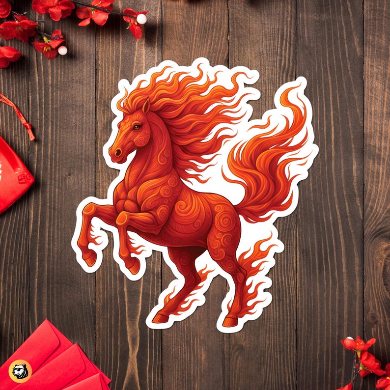 Vibrant red and orange Fire Horse sticker decal, depicted in a powerful rearing stance with swirling, flame-like mane and tail. The design features intricate patterns resembling Chinese knotwork. Shown against a dark, rustic wood background with red New Year decorations (red envelopes, faux plum blossoms), emphasizing its use for 2026 Lunar New Year gifts or celebration decor.