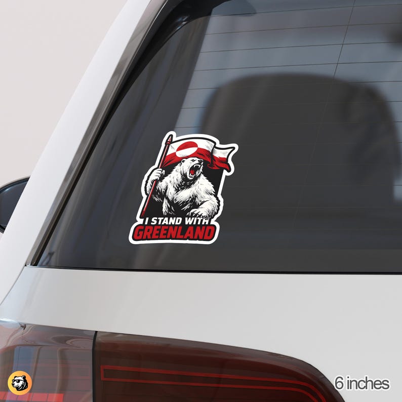 Greenland flag polar bear sticker, support Greenlanders protest decal, arctic wildlife vinyl sticker, roaring polar bear flag art, greenlandic pride laptop decal, majestic polar bear car sticker, unique greenland souvenir gift, northern polar bear laptop skin, weather resistant arctic sticker, patriotic greenland flag decor