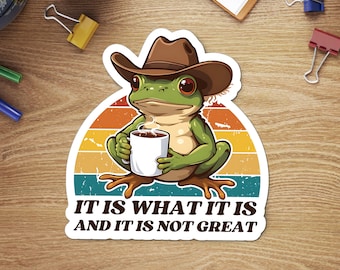Funny Cowboy Frog Sticker, Retro Sunset, Humor Quote Laptop Decal