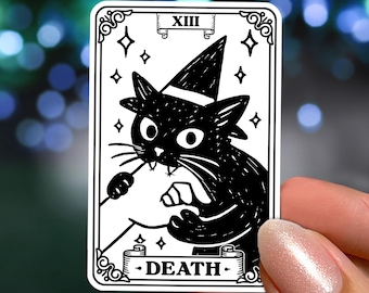 Black Cat Death Tarot Sticker: Witchy Gothic Halloween Decal