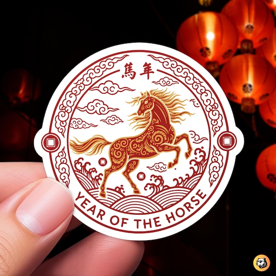 Year of the Horse Zodiac Sticker, Red Gold Lunar New Year Vinyl Decal