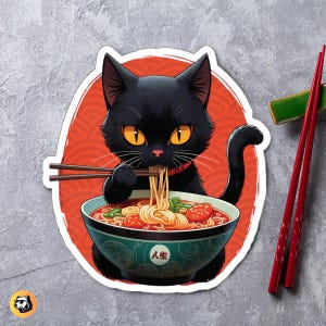 Kawaii Black Cat Ramen Sticker: Japanese Anime Manga Art