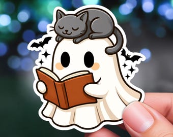 Sticker d'Halloween fantôme livresques et chat noir : Sticker enseignant drôle pour ordinateur portable