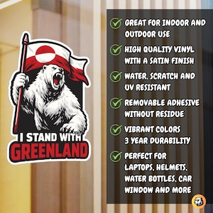 Greenland flag polar bear sticker, support Greenlanders protest decal, arctic wildlife vinyl sticker, roaring polar bear flag art, greenlandic pride laptop decal, majestic polar bear car sticker, unique greenland souvenir gift, northern polar bear laptop skin, weather resistant arctic sticker, patriotic greenland flag decor