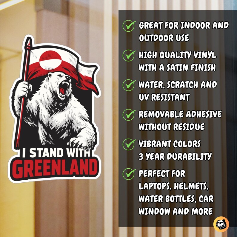 Greenland flag polar bear sticker, support Greenlanders protest decal, arctic wildlife vinyl sticker, roaring polar bear flag art, greenlandic pride laptop decal, majestic polar bear car sticker, unique greenland souvenir gift, northern polar bear laptop skin, weather resistant arctic sticker, patriotic greenland flag decor