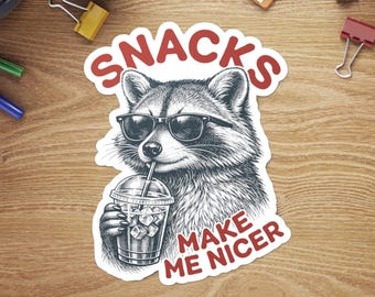 Snacks Make Me Nicer Raccoon Sticker, Funny Trash Panda Iced Coffee Decal