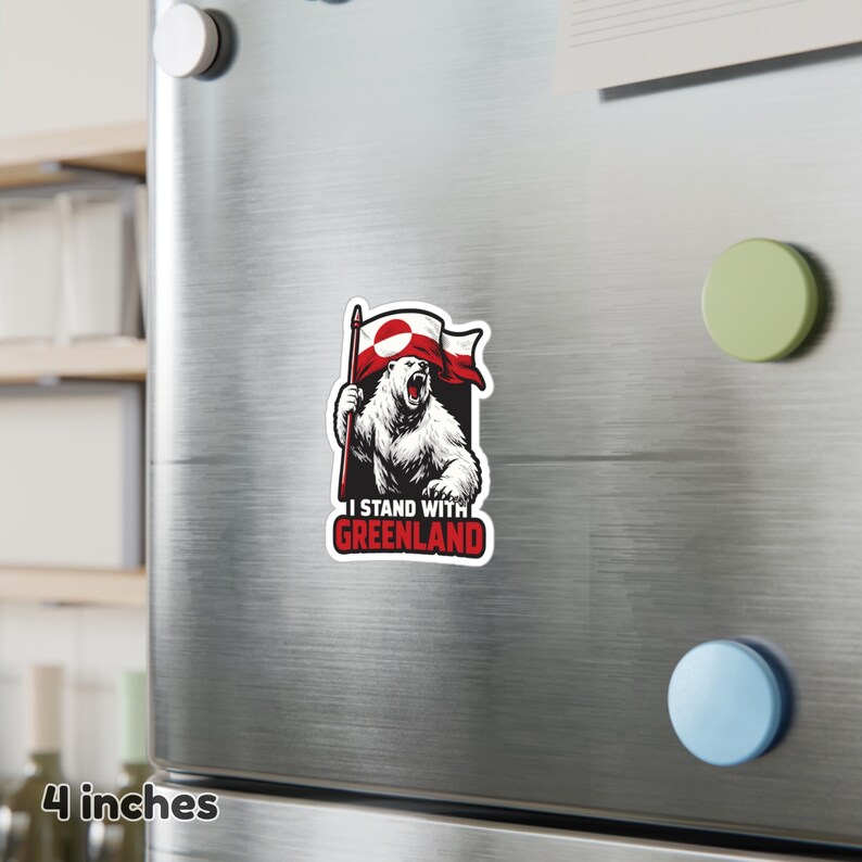 Greenland flag polar bear sticker, support Greenlanders protest decal, arctic wildlife vinyl sticker, roaring polar bear flag art, greenlandic pride laptop decal, majestic polar bear car sticker, unique greenland souvenir gift, northern polar bear laptop skin, weather resistant arctic sticker, patriotic greenland flag decor