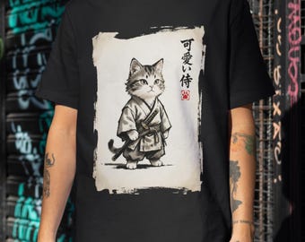 Kawaii Samurai Cat Comfort Colors Shirt, Vintage Japanese Warrior Neko Ukiyo-e Graphic Tee