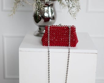 Trendy Red Bead Bag with Design - Artisan Beaded Tote for Fashionistas, Bead Purse for Her