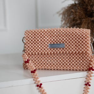 May include: A light pink beaded crossbody bag with a silver metal clasp and a red beaded strap. The bag has a small silver label that reads "ARITELLE C".