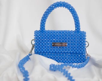 Handmade Blue Beaded Crossbody Bag Women's Mini Purse for