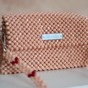 May include: A light pink beaded handbag with a silver clasp and a red beaded strap. The bag has a small white label with the text "ARTITELLI" on it.