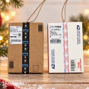 Mini Box Ornament Amazon, USPS shipping package decor , Custom Label With Cord