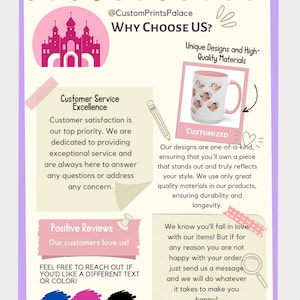 Pode incluir: Uma caneca rosa e branca com um design de v&aacute;rias fotos de pessoas. A caneca est&aacute; sobre um fundo rosa e branco com o texto "Personalizado". O texto "Por que nos escolher?" est&aacute; na parte superior da imagem. O texto "Designs exclusivos e materiais de alta qualidade" est&aacute; abaixo da caneca. O texto "Excel&ecirc;ncia no atendimento ao cliente" est&aacute; no lado esquerdo da imagem. O texto "Avalia&ccedil;&otilde;es positivas" est&aacute; abaixo do texto "Excel&ecirc;ncia no atendimento ao cliente". O texto "Sinta-se &agrave; vontade para entrar em contato se voc&ecirc; quiser um texto ou uma cor diferente!" est&aacute; abaixo do texto "Avalia&ccedil;&otilde;es positivas". O texto "Obrigado!" est&aacute; na parte inferior da imagem.