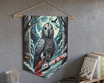 African Grey Parrot Chainsaw Halloween Pennant