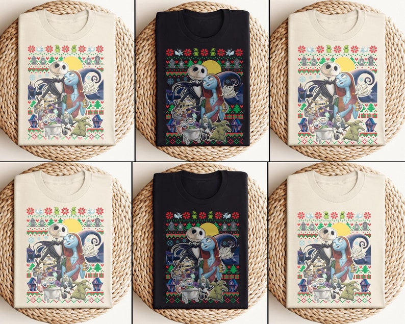 May include: Six different t-shirts featuring a Christmas-themed design with Jack Skellington and Sally from the Nightmare Before Christmas. The shirts are available in black and beige.