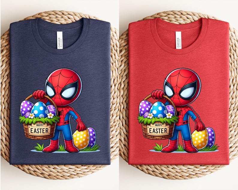 以下が含まれることがあります： イースターエッグの入ったバスケットを持ったスパイダーマンの漫画の画像がプリントされたTシャツが2枚。バスケットには「ハッピーイースター」の文字が書かれている。1枚はネイビーブルー、もう1枚はレッド。