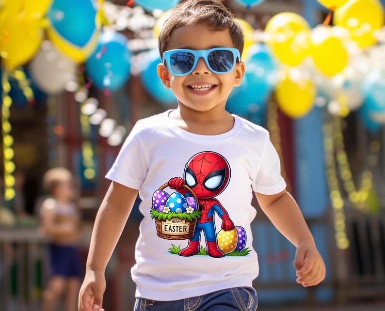 以下が含まれることがあります： カラフルなイースターエッグの入ったバスケットを持ったスパイダーマンの漫画の画像がプリントされた白いTシャツ。バスケットには「ハッピーイースター」の文字が書かれています。若い男の子がシャツを着て笑顔を見せています。