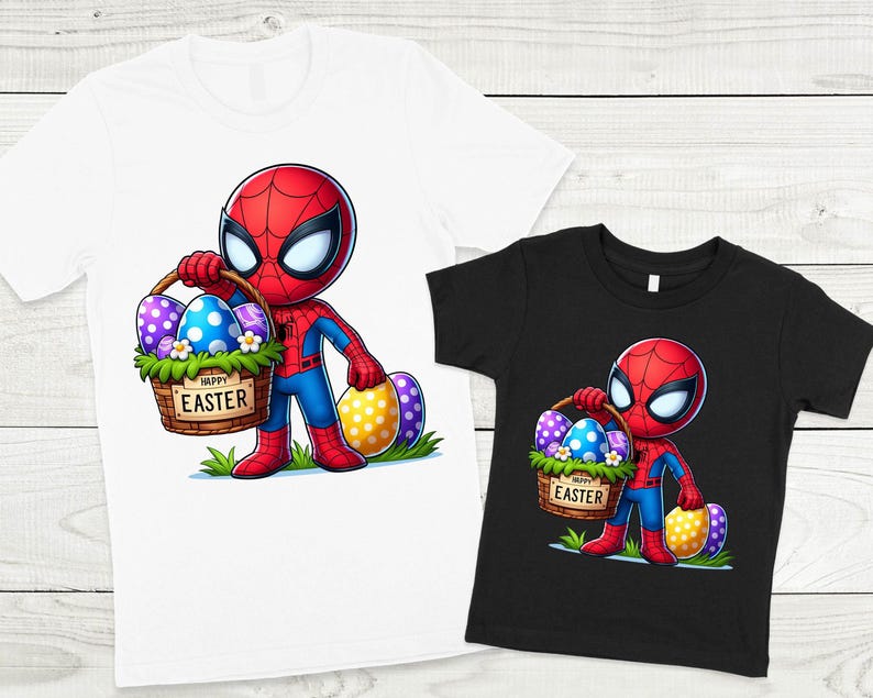 以下が含まれることがあります： スパイダーマンがイースターエッグの入ったバスケットを持っているカートゥーン画像がプリントされたTシャツ2枚。大きい方のTシャツは白、小さい方のTシャツは黒。バスケットには「ハッピーイースター」の文字が書かれている。