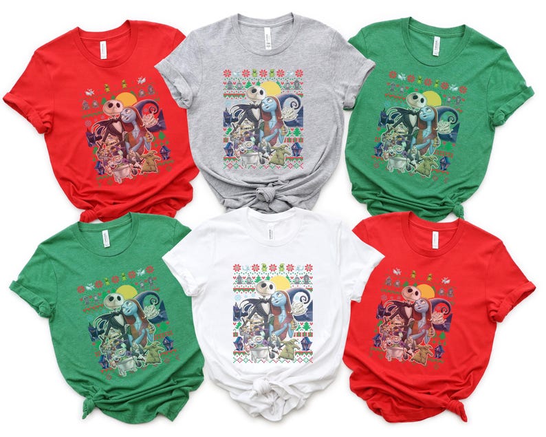 May include: Six different color t-shirts featuring a Christmas-themed graphic of Jack Skellington and Sally from the Nightmare Before Christmas movie. The shirts are all short-sleeved and crew neck.